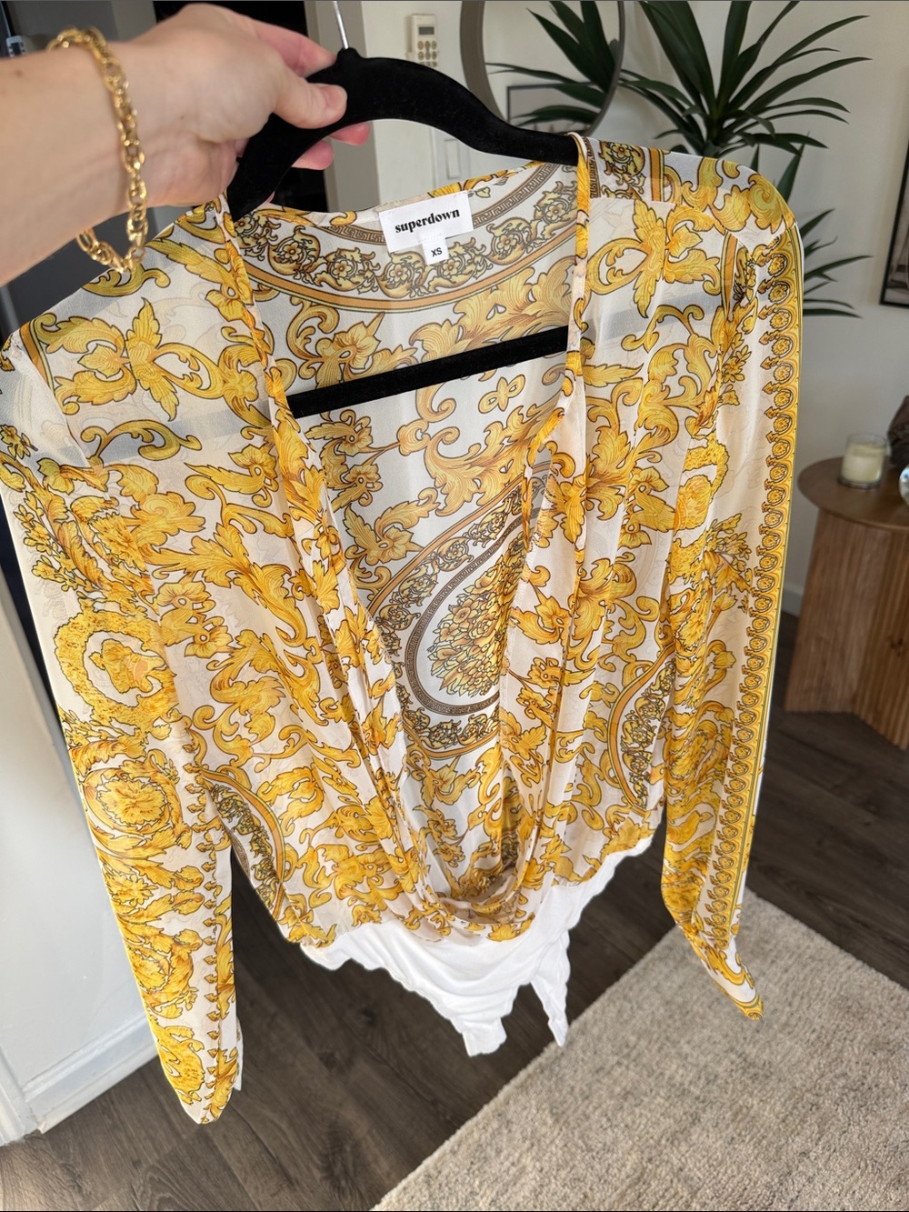 superdown White and Yellow Baroque-Print Drape Button-Down Top